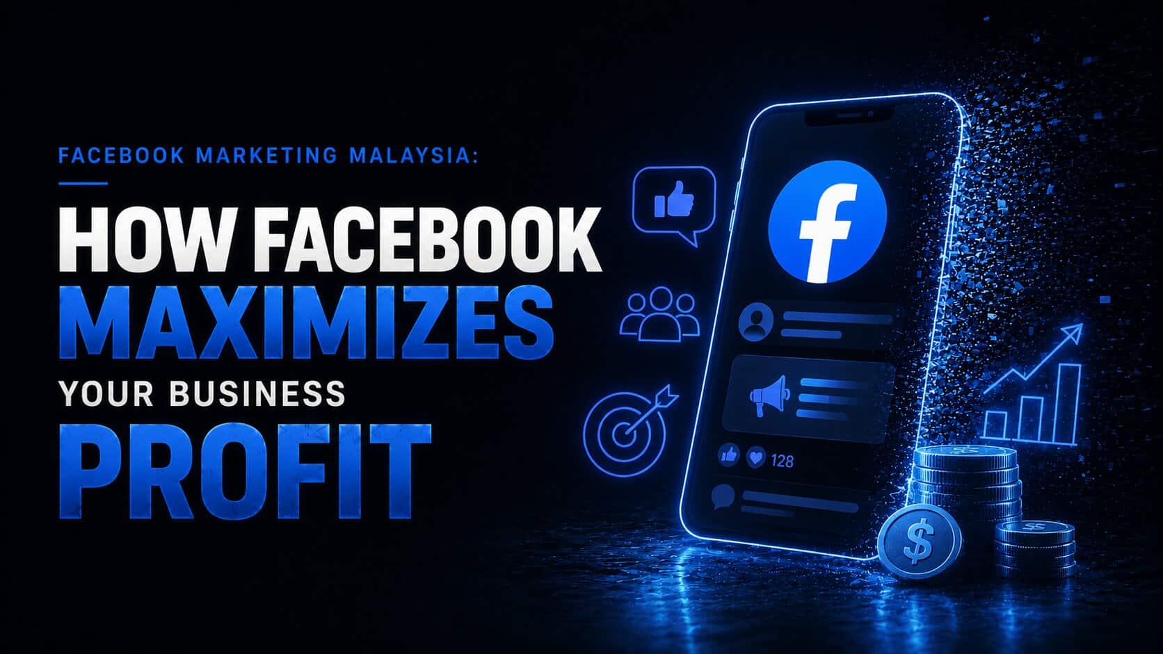 'Facebook Marketing Malaysia: How Facebook Maximizes Your Business Profit' with phone, coins and growth-chart icons.