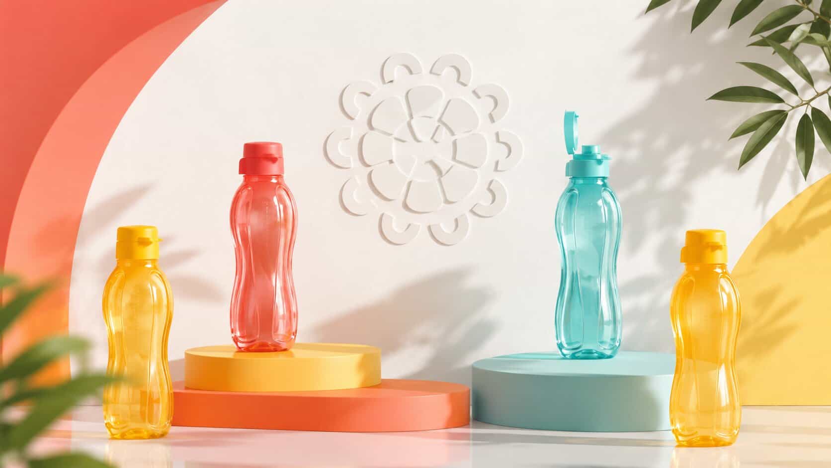 Colorful water bottles on pastel platforms with tropical plant decor.