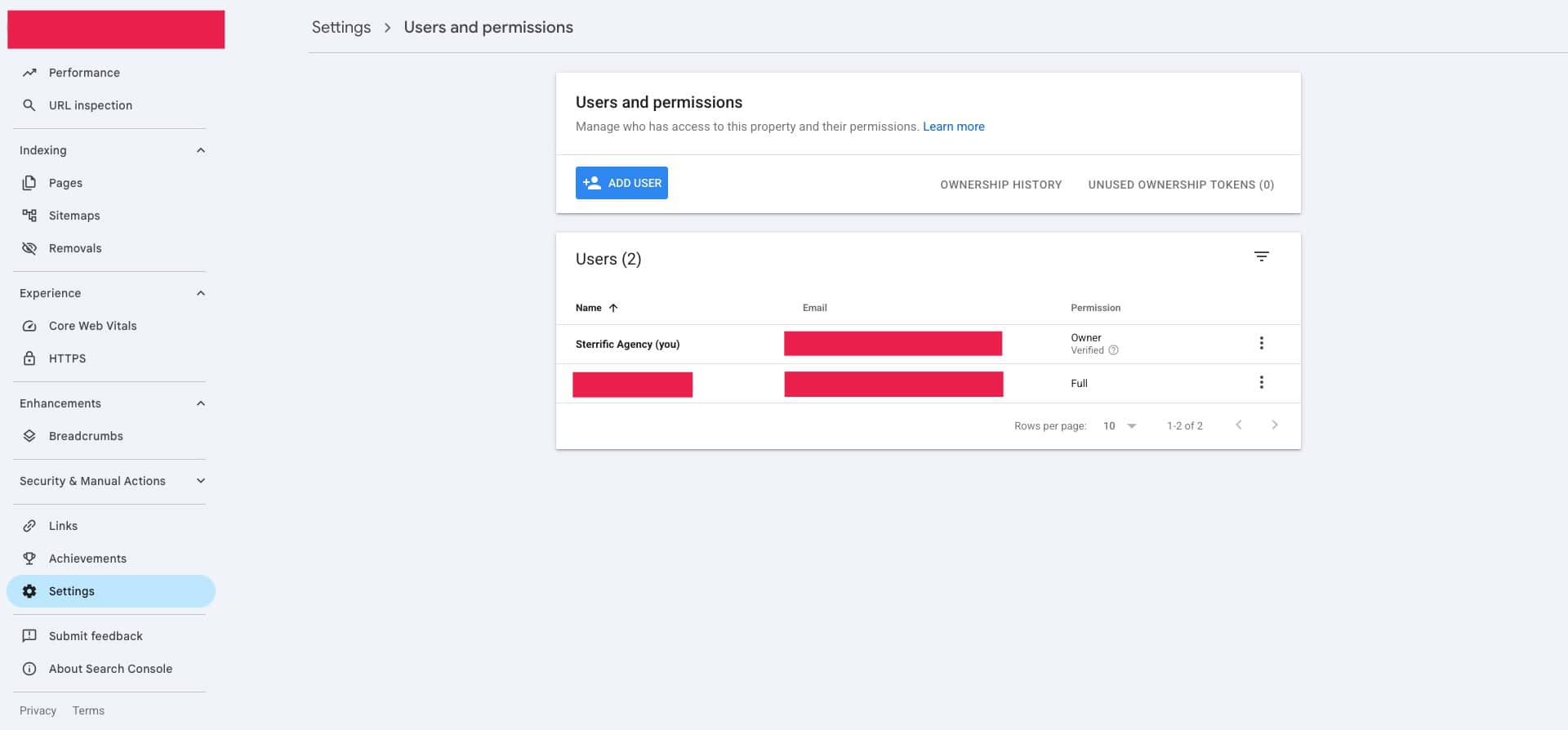 Google Search Console user permissions showing owner versus delegated user roles.