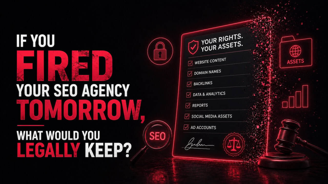 Graphic: 'If you fired your SEO agency tomorrow, what would you legally keep?' with a website-rights checklist.