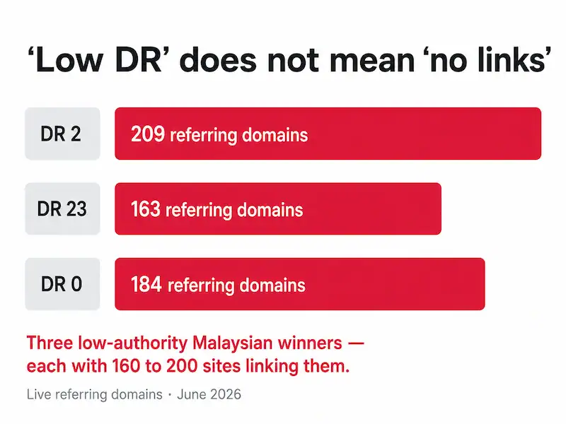 Low DR does not mean no links, with live referring domains shown.