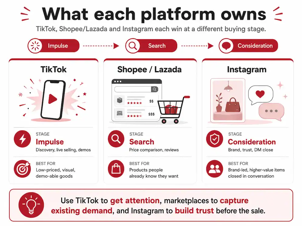 TikTok vs Shopee vs Instagram table (impulse / search / consideration)