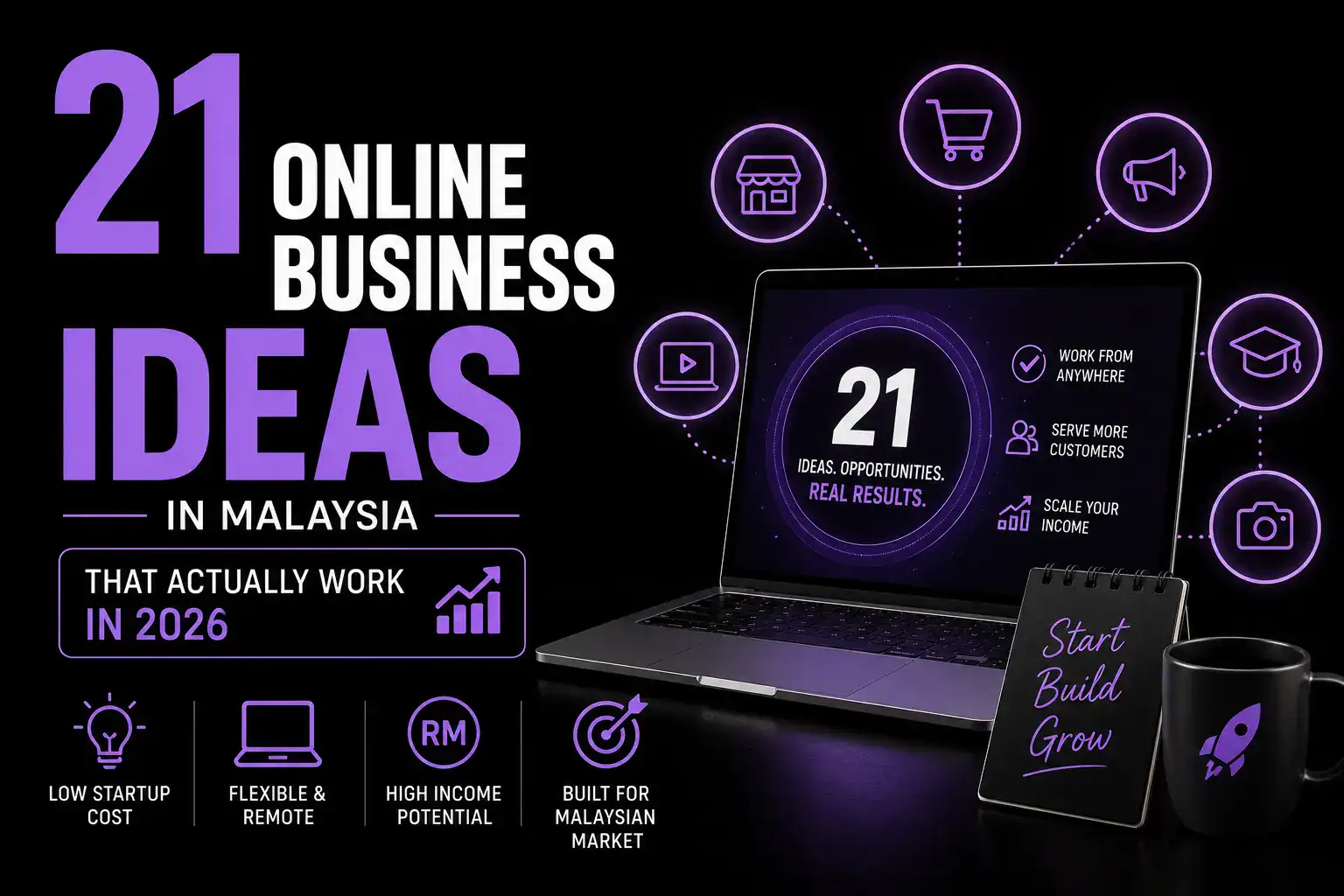 Online business ideas in Malaysia for 2026 with laptop and icons.