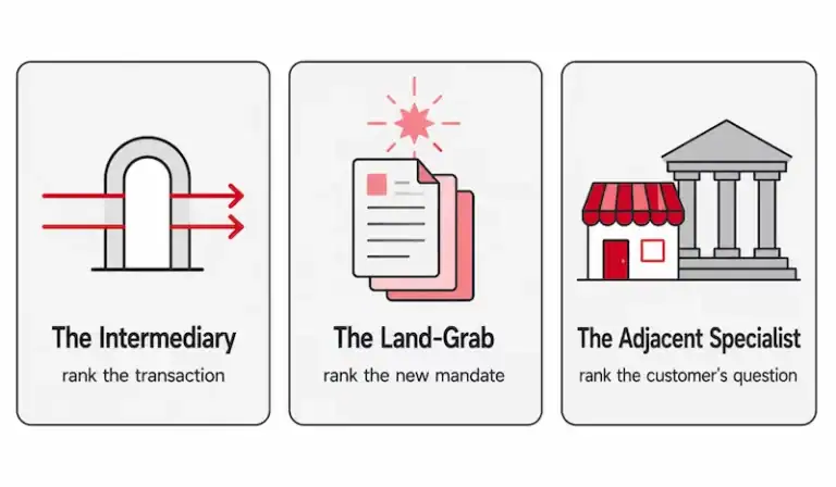 Three business models winning government-territory searches: transaction intermediaries, advisory land-grabs on new mandates, and adjacent specialists answering customer questions.