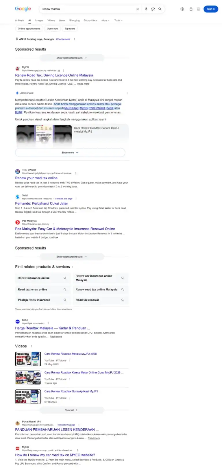 Live Google Malaysia results for renew roadtax showing private intermediaries above the government's single entry.