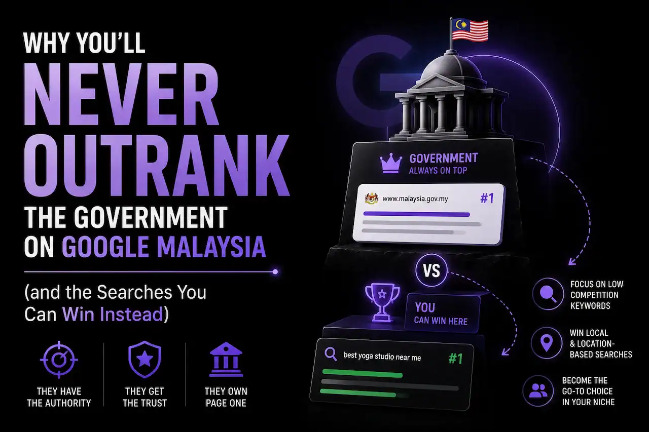 Illustration of a government service counter with a private consultant beside it, representing government-owned Google searches in Malaysia