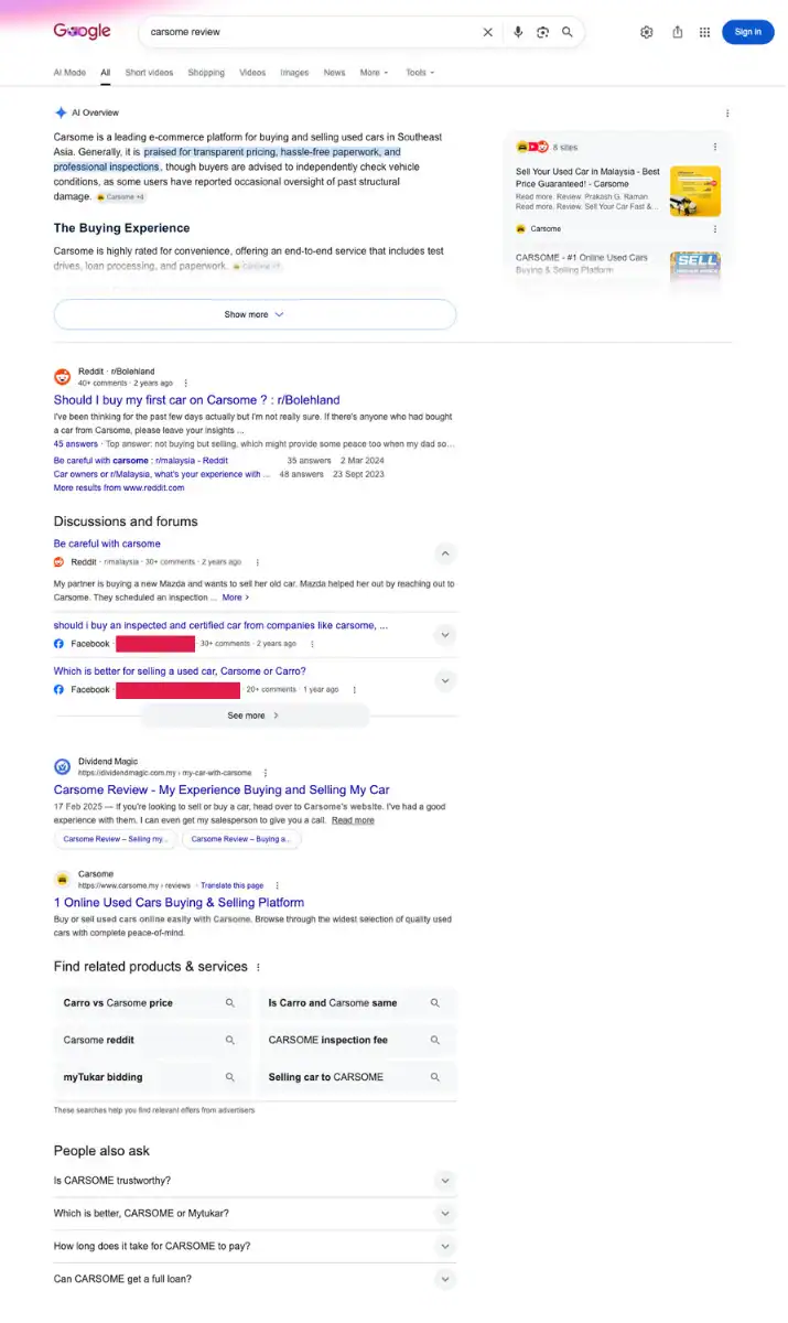 Live Malaysian search results for carsome review with Reddit threads and Facebook groups above the brand's own site.
