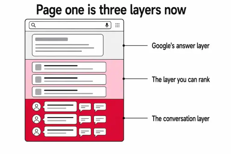Modern Malaysian page one as three layers: Google's answer layer, the rankable layer, and the conversation layer.