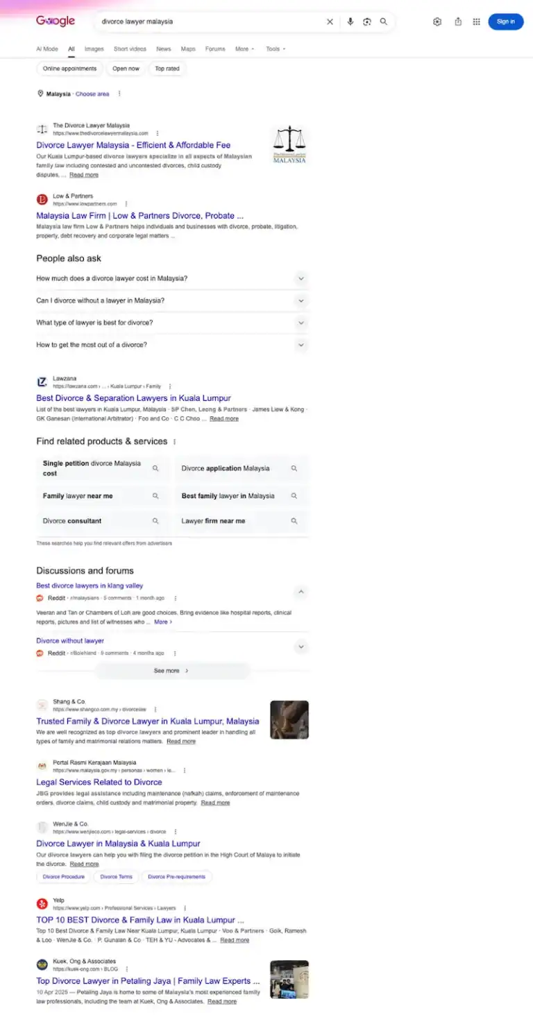 Live Malaysian results for divorce lawyer malaysia showing dedicated domains and dedicated service pages winning, including a DR-0 site.
