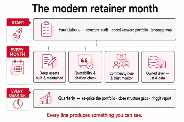Blueprint of a modern SEO retainer month: foundations, the monthly engine across three layers, and quarterly re-pricing.