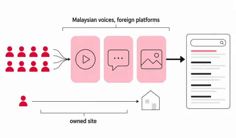 On Bahasa Melayu queries, platform results triple while pure foreign publishers fall, showing Malaysian creators publishing on foreign platforms.