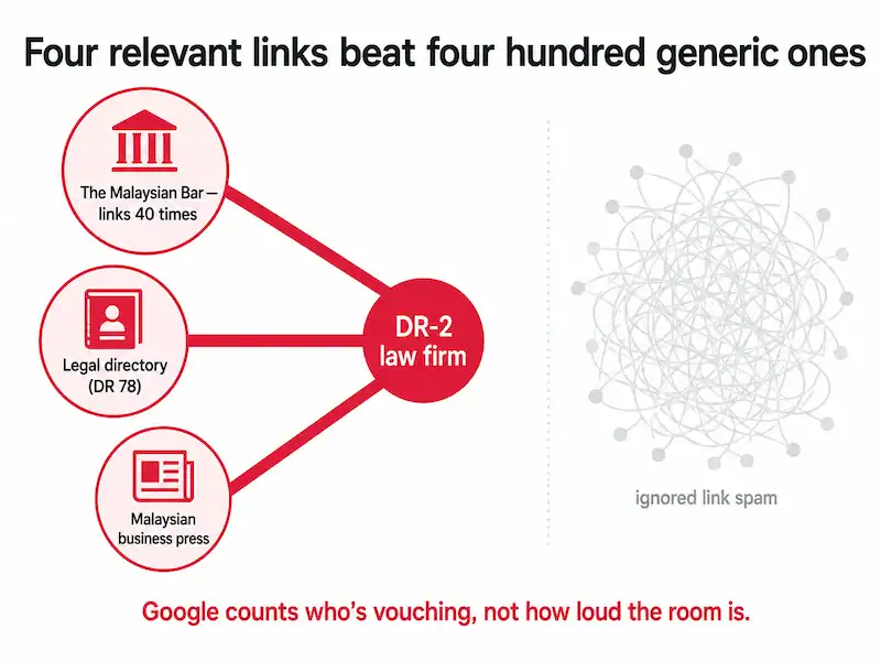 Diagram showing four relevant links outperforming 400 generic links for SEO.