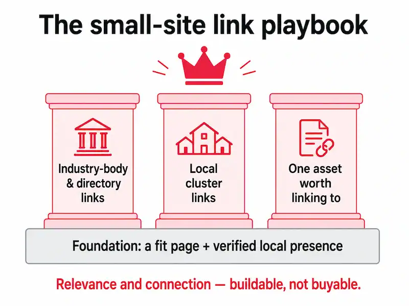 Diagram of small-site link strategies for SEO success.